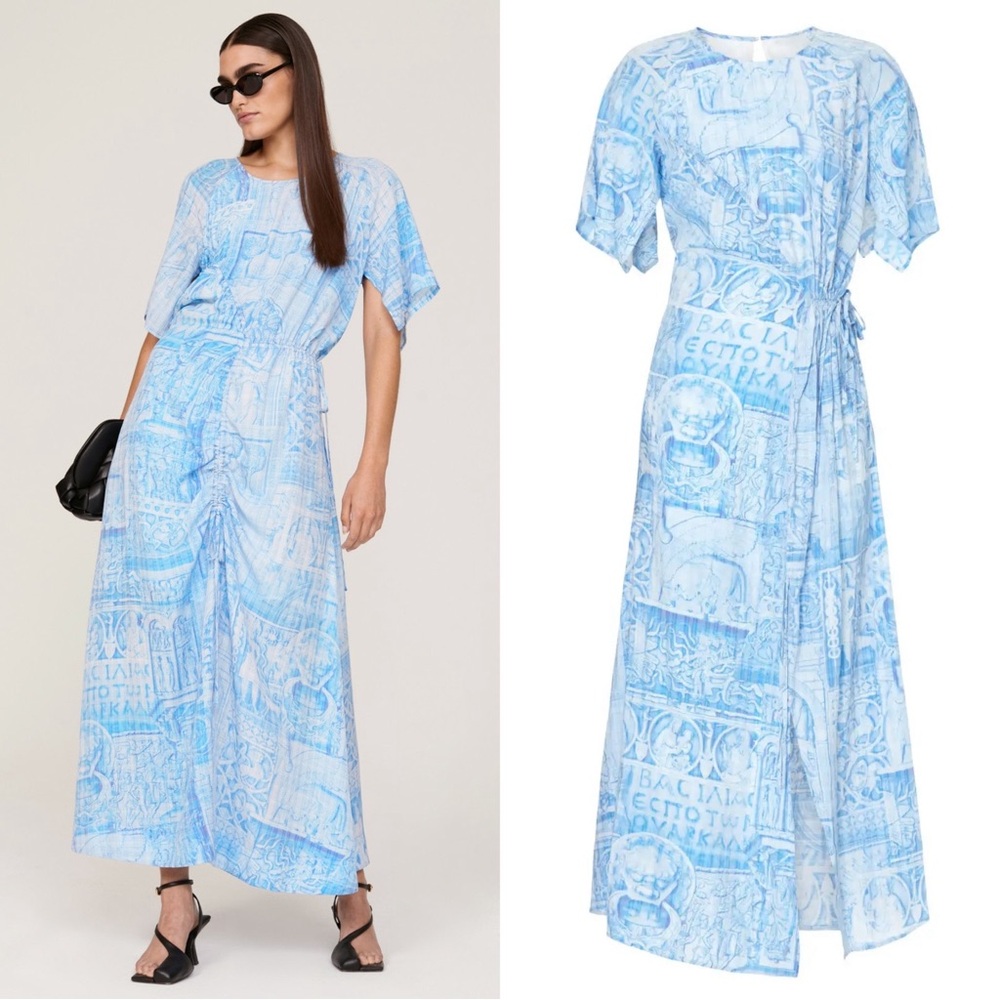 Holzweiler Carry Drawstring Printed Wrap Maxi Dress Size XS Blue Combo